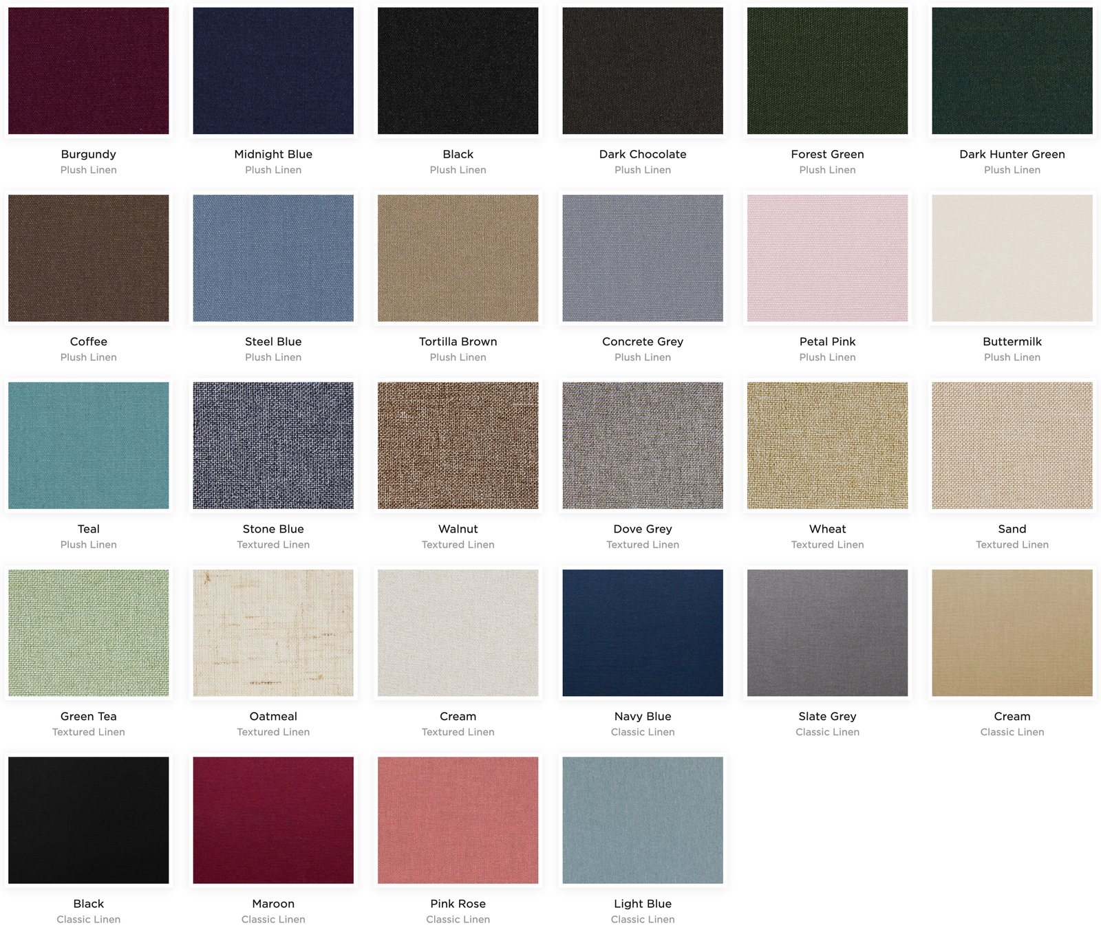 Linen cover color swatches — Plush Linen, Textured Linen, and Classic Linen
