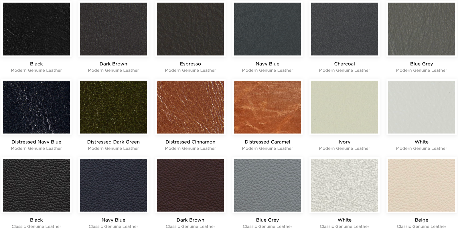 Genuine leather swatches — Modern, Distressed, and Classic variants