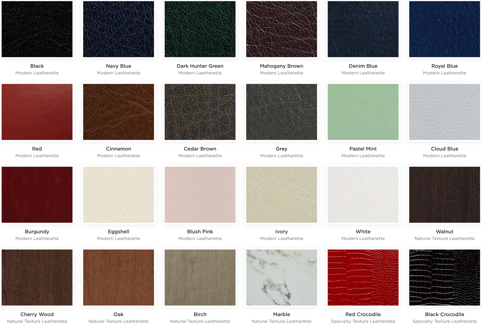 Leatherette cover swatches — Modern, Natural Texture, and Specialty Texture collections